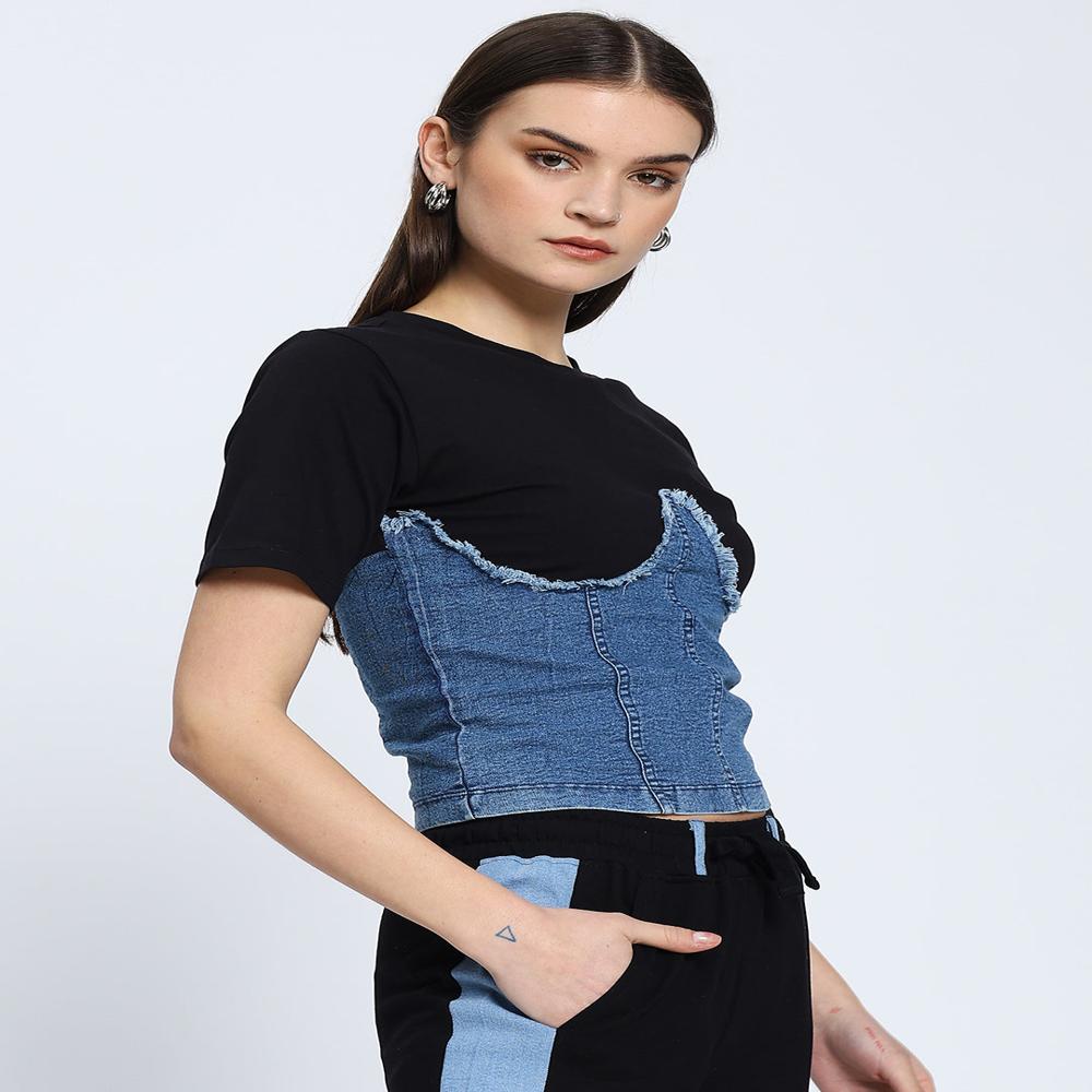 Black Denim Corset Attached Top