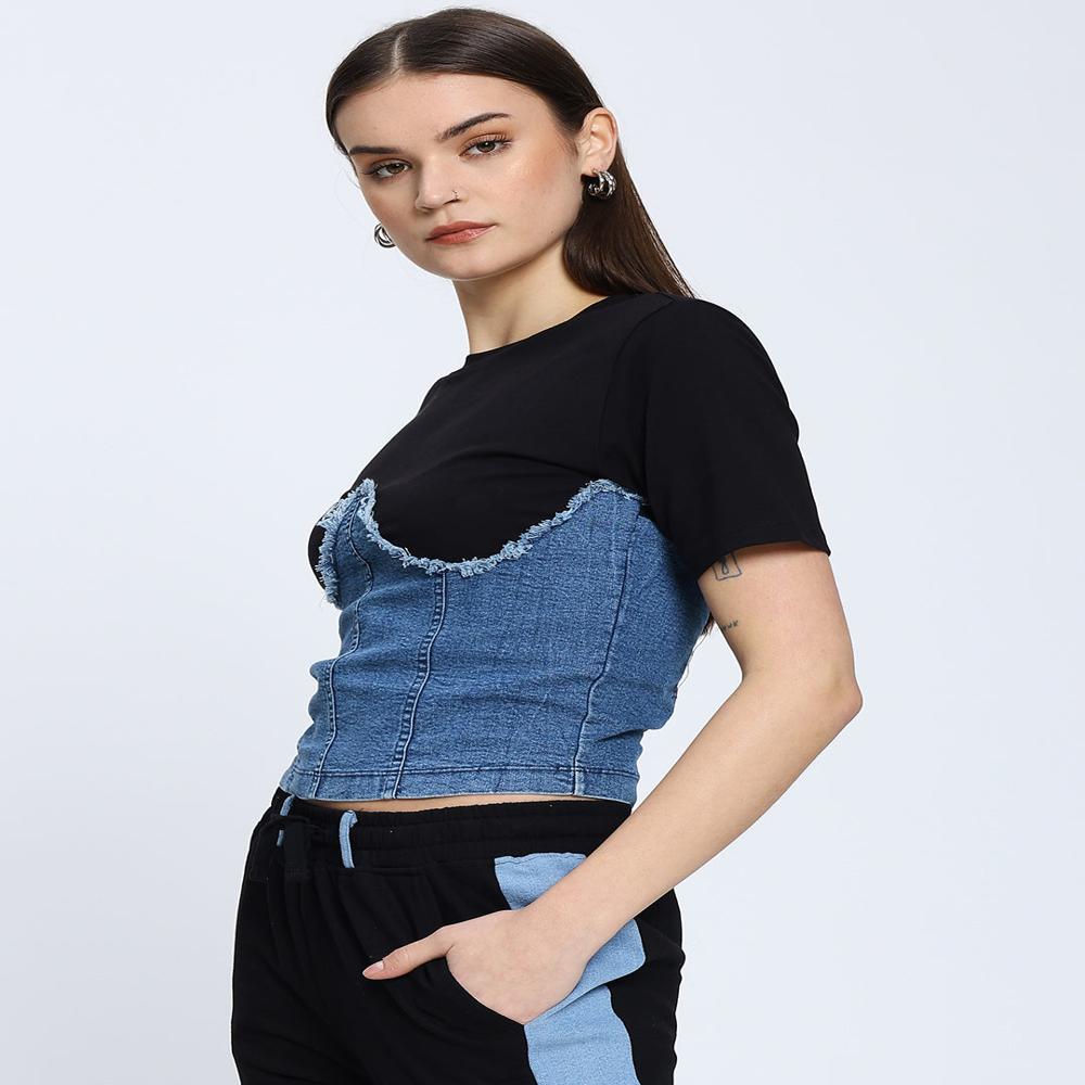 Black Denim Corset Attached Top