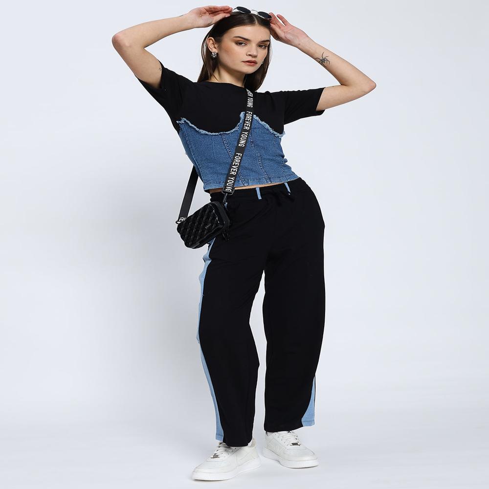 Black Denim Corset Attached Top