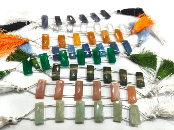 Natural Multi Gemstone Cushion Baguette Shape Briolette Faceted 10X22mm Double Drilled and of 6 Rectangle Beads