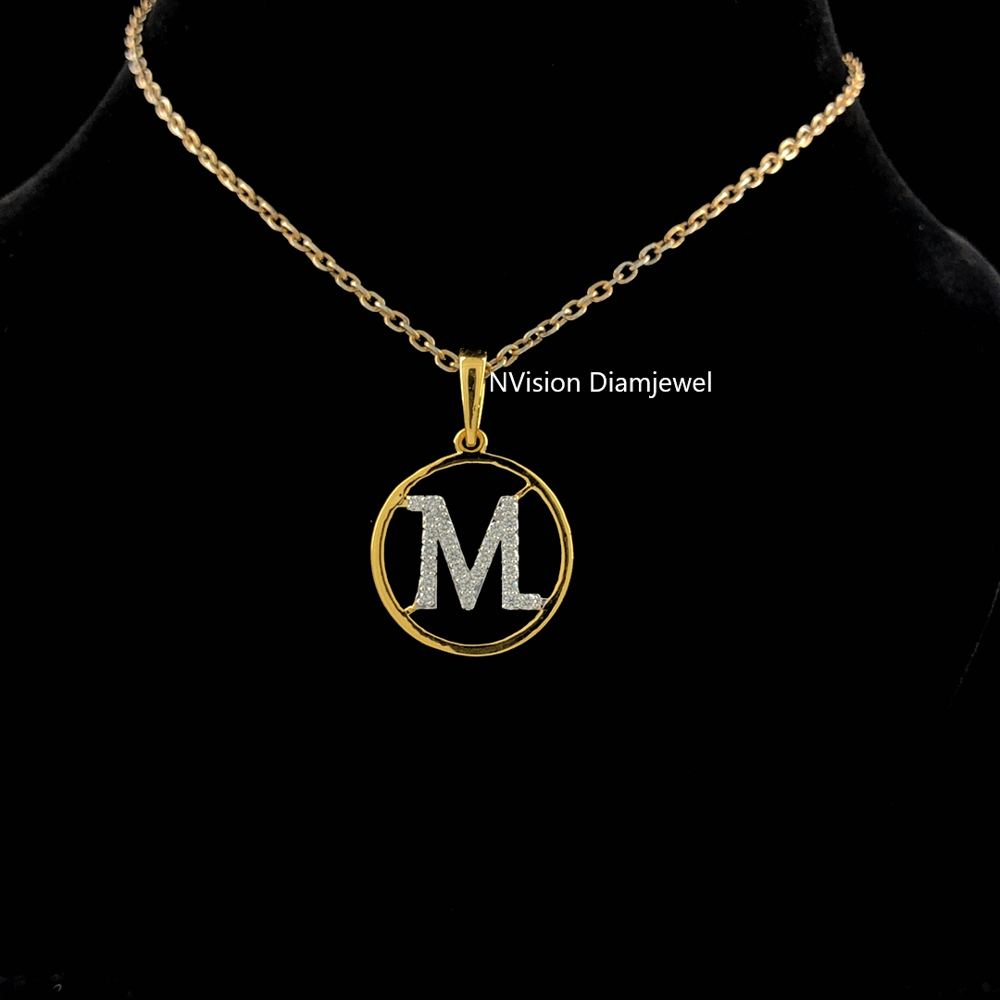 Stunning Initials M & N Alphabet Natural Diamond 18KT Yellow Gold Pendant
