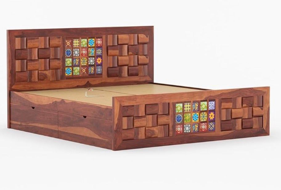 Sheesham Wood Bed with Side Drawer Storage