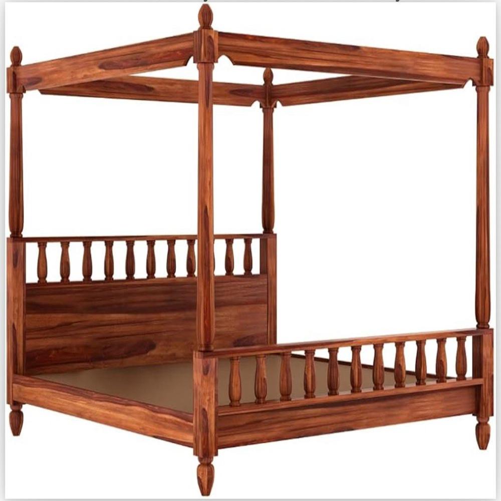 Queen Size Canopy Bed Without Storage Wooden Poster Double Bed
