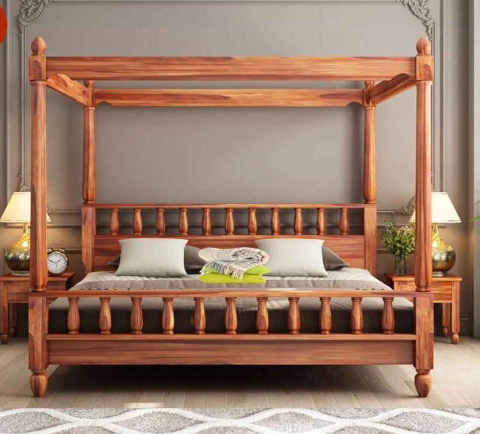 Queen Size Canopy Bed Without Storage Wooden Poster Double Bed