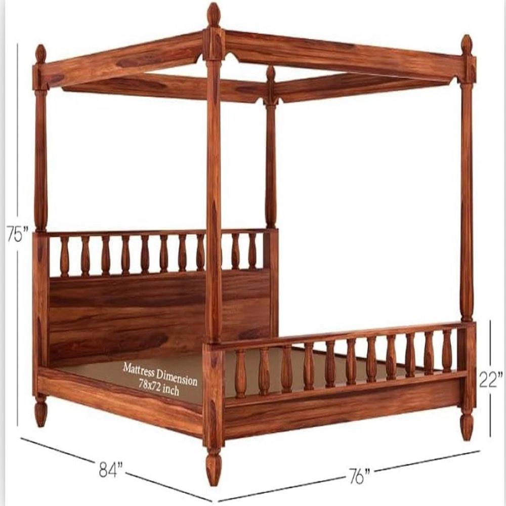 Queen Size Canopy Bed Without Storage Wooden Poster Double Bed