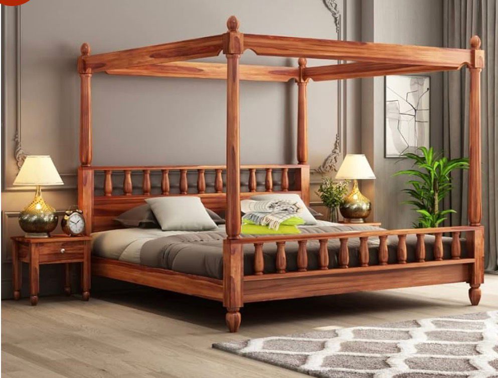 Queen Size Canopy Bed Without Storage Wooden Poster Double Bed