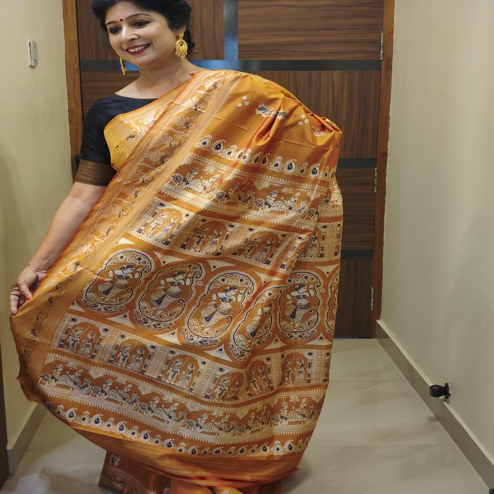Golden rust Minakari Baluchari saree