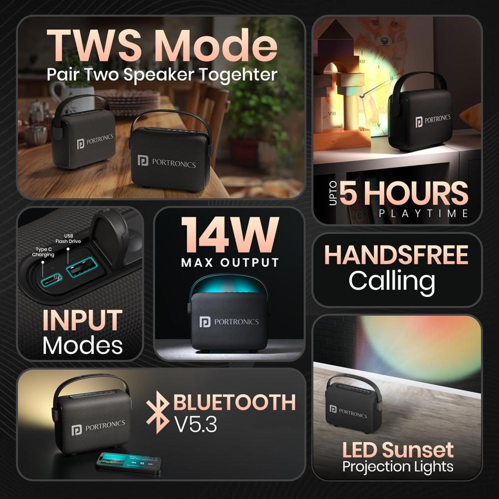 Portronics Resonate 14W Portable Bluetooth Speaker With LED Sunset Projection Lights