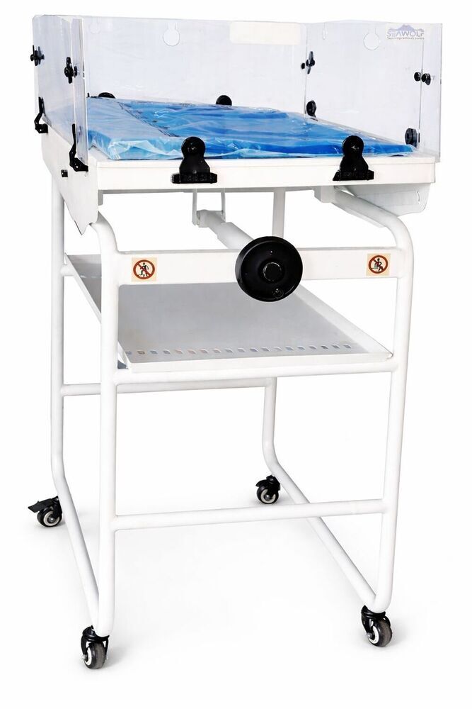 New Born Baby Care Trolley - Powder Coated Mild Steel & ABS, 1350x800x800 mm, Off-White/Blue | Manual & Electric Operation, Integrated Temperature Sensor, LED Lamps, Collapsible Side Railing