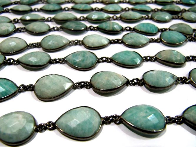 Natural Amazonite Pear Heart Shape Briolette Faceted Bezel Connector Chain