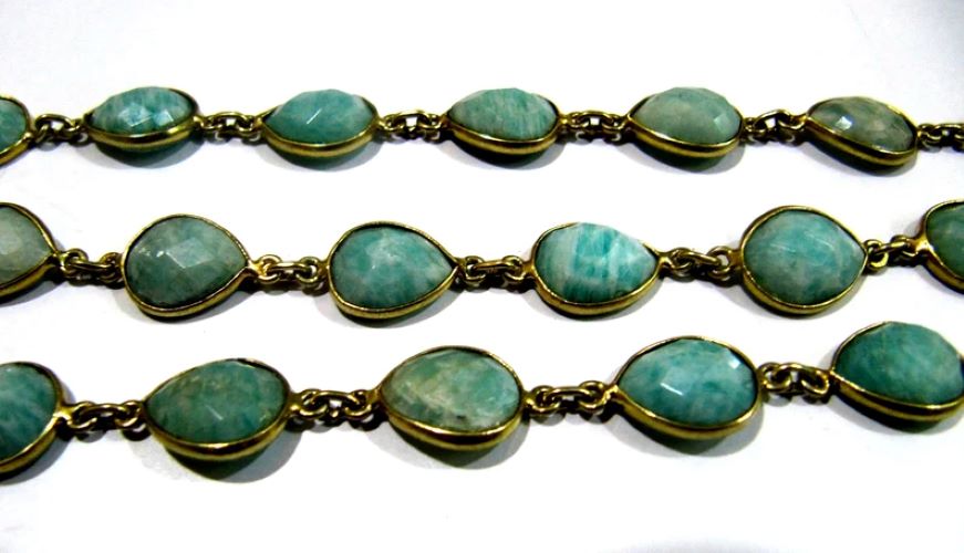 Natural Amazonite Pear Heart Shape Briolette Faceted Bezel Connector Chain