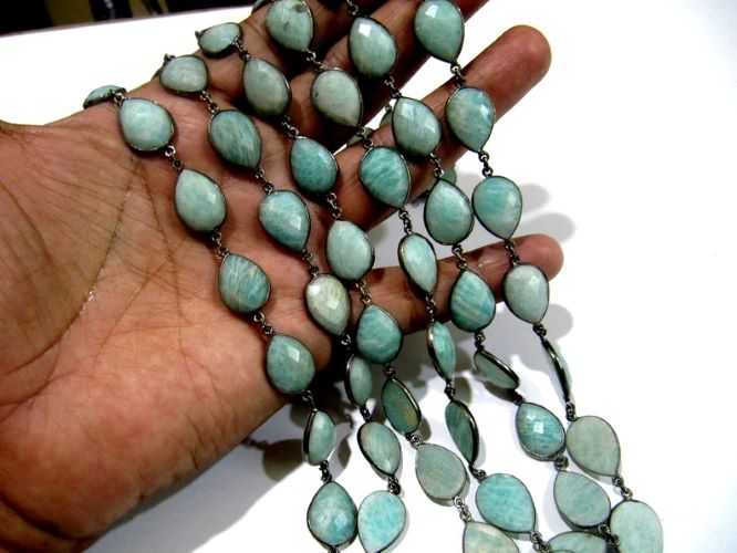Natural Amazonite Pear Heart Shape Briolette Faceted Bezel Connector Chain