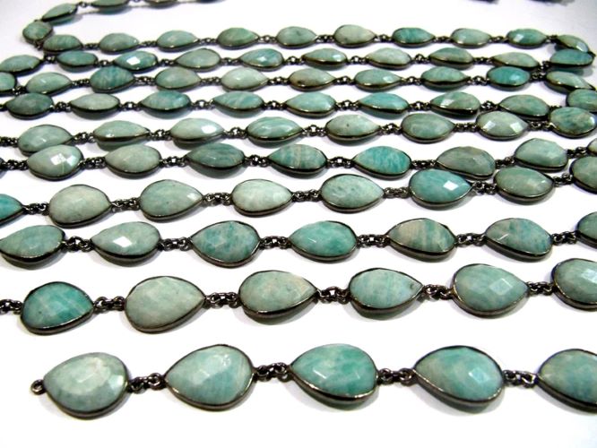 Natural Amazonite Pear Heart Shape Briolette Faceted Bezel Connector Chain