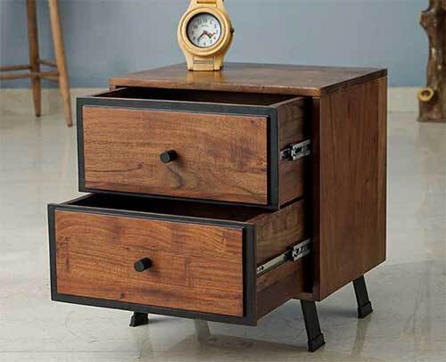 Sheesham Wood Two Drawer Bedside Table - Teak Finish