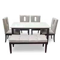 Dinning Table Set - Solid Teak Wood, 6 Seater, Brown & Beige | Glossy Finish, Upholstered Padded Chairs, Smooth Corners