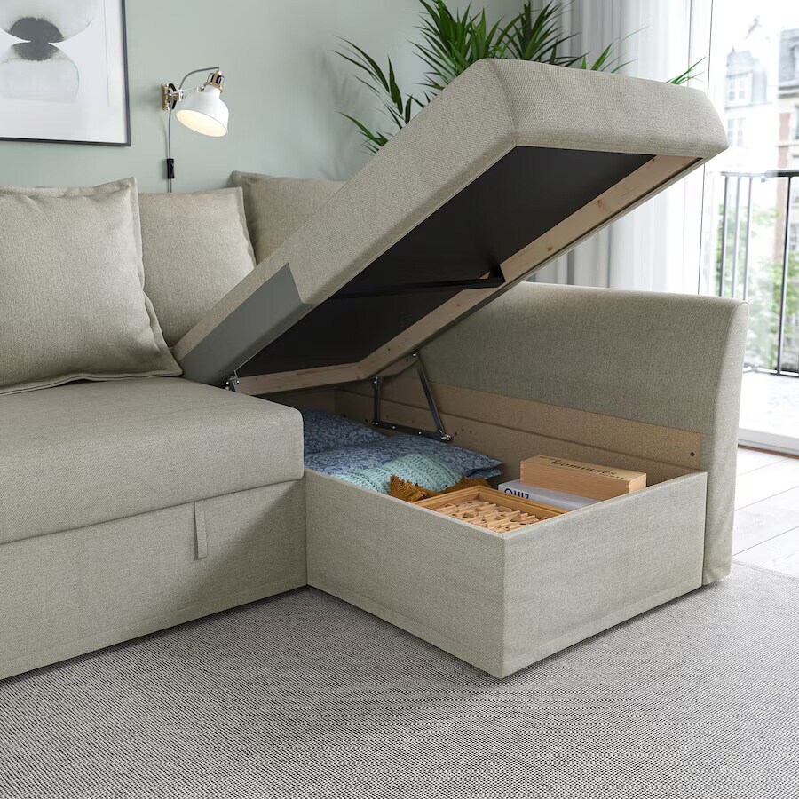 Corner Sofa-bed Borgunda Beige - Borgunda Fabric, 236x151 Cm, Pull-out Bed, Storage, Steel Legs