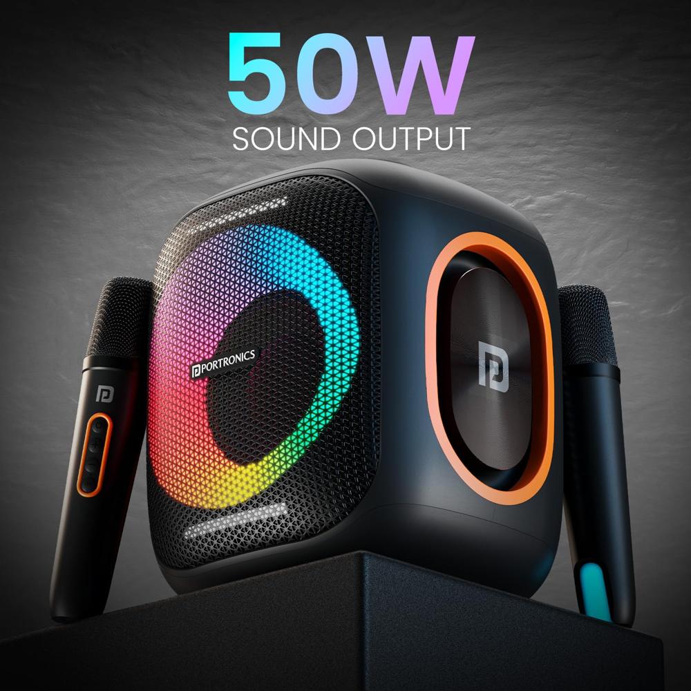 Portronics Dash 10 50W Wireless Bluetooth Party Speaker With Dual Wireless Karaoke Mic, Upto 6 Hours
