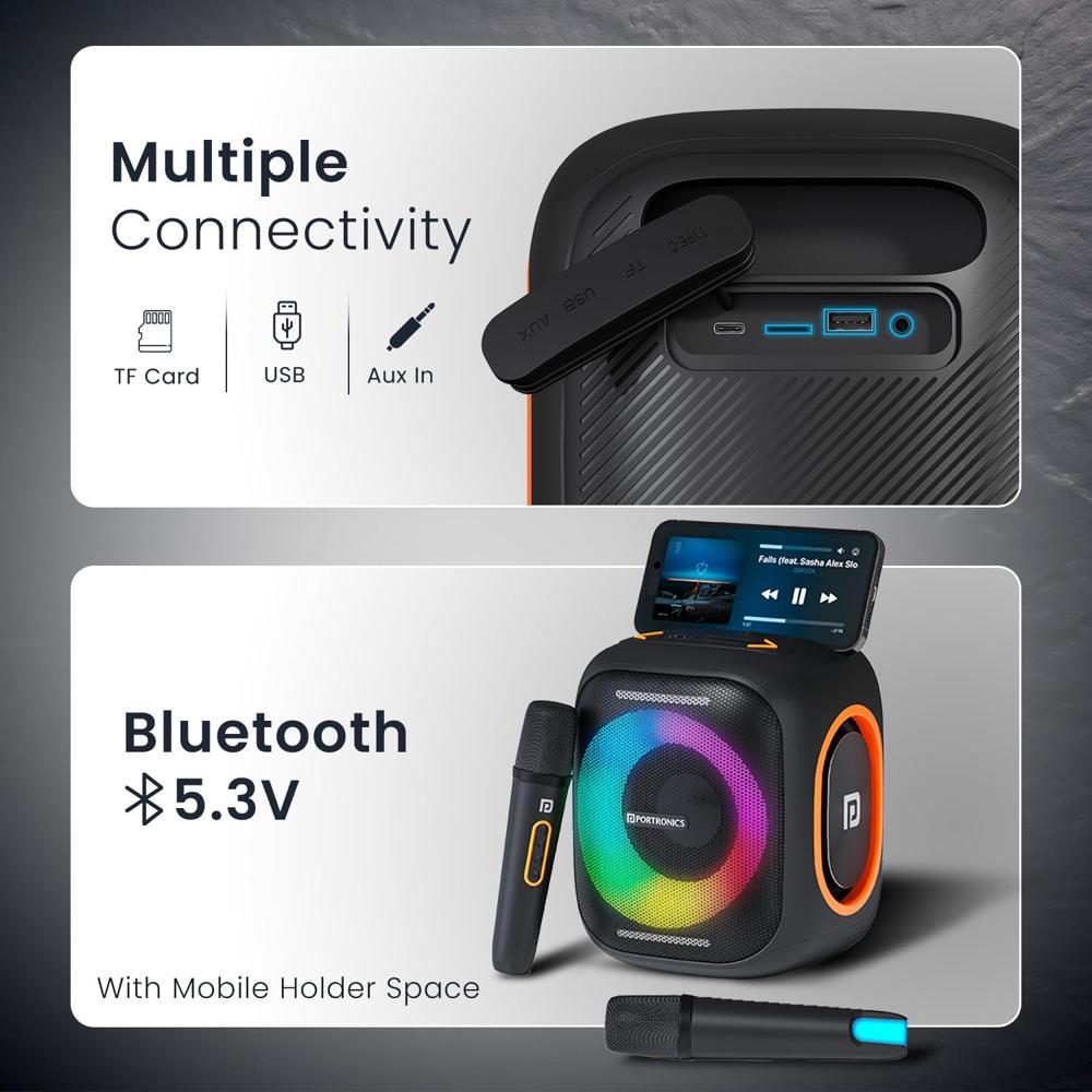 Portronics Dash 10 50W Wireless Bluetooth Party Speaker With Dual Wireless Karaoke Mic, Upto 6 Hours