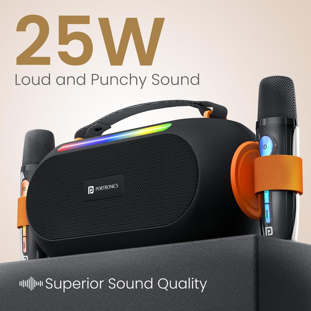 Portronics 25W Apollo 20 Wireless Bluetooth Portable Speaker with Dual Wireless Karaoke Mic, 5 Hour