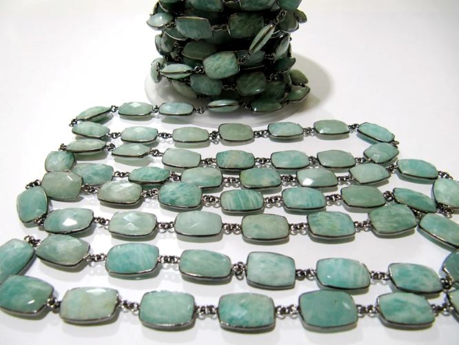 Natural Amazonite Rectangle Cushion Shape Briolette Faceted 10X15mm Bezel Connector Chain