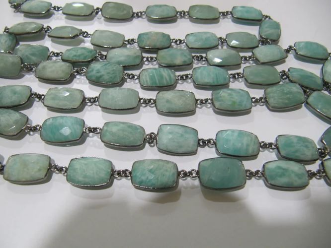 Natural Amazonite Rectangle Cushion Shape Briolette Faceted 10X15mm Bezel Connector Chain