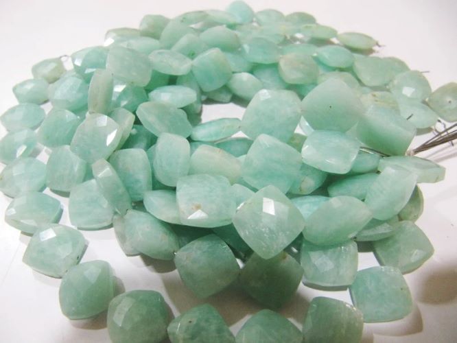 Natural Amazonite Cushion Shape 11-12mm Briolette Faceted Cut Green Color beads strand 8 inches