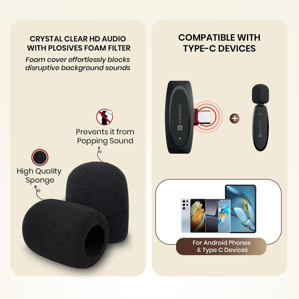 Portronics Dash 7 Ai Omnidirectional Type C Wireless Microphone, Ai Enabled Noise