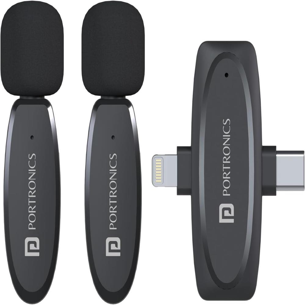 Portronics Vlogmate Dual Mic Omnidirectional Wireless Microphone With Type C & 8 Pin Receiver, Noise Cancellation, Plug & Play, Lapel Wireless Mic For Video Recording, Supports Type C - Battery Backup: 5 Hours
