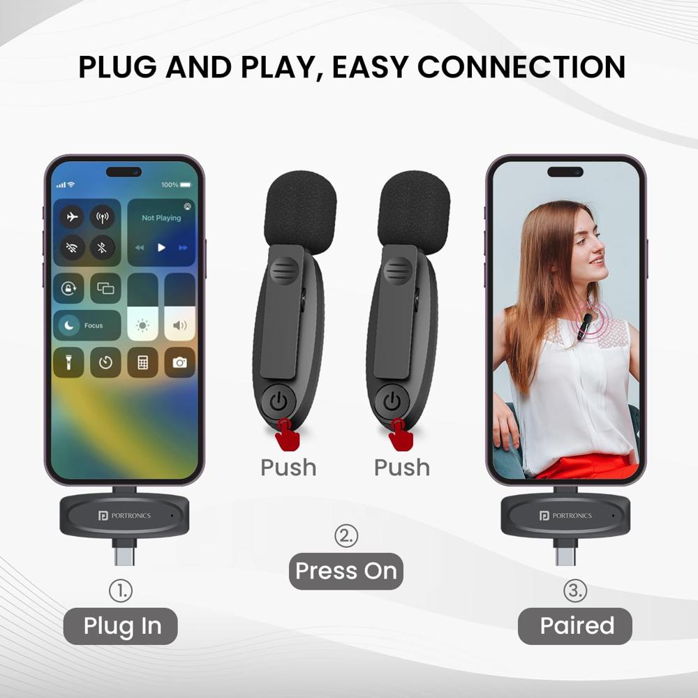 Portronics Vlogmate Dual Mic Omnidirectional Wireless Microphone with Type C & 8 Pin Receiver, Noise Cancellation, Plug & Play, Lapel Wireless Mic for Video Recording, Supports Type C