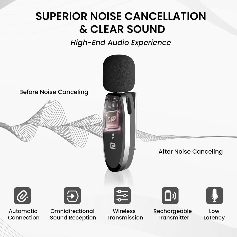 Portronics Vlogmate Dual Mic Omnidirectional Wireless Microphone with Type C & 8 Pin Receiver, Noise Cancellation, Plug & Play, Lapel Wireless Mic for Video Recording, Supports Type C