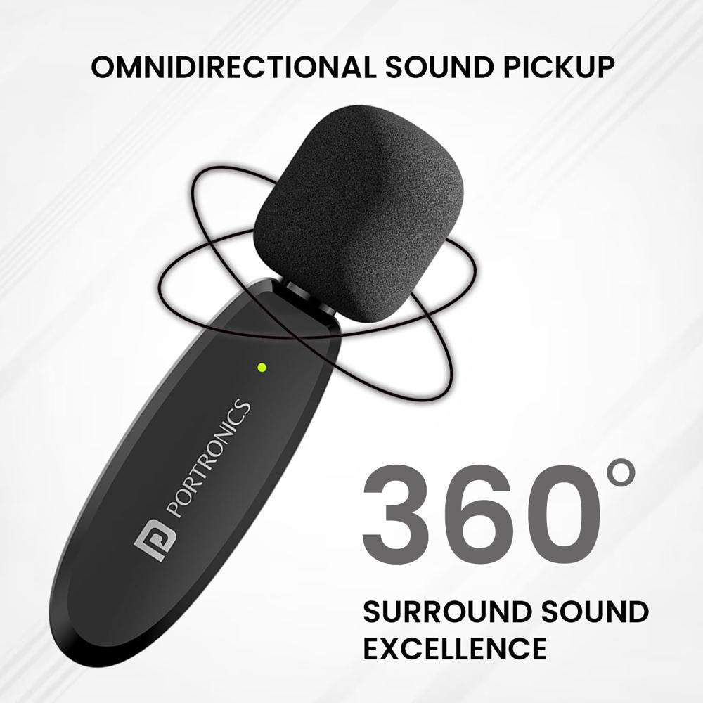 Portronics Vlogmate Dual Mic Omnidirectional Wireless Microphone with Type C & 8 Pin Receiver, Noise Cancellation, Plug & Play, Lapel Wireless Mic for Video Recording, Supports Type C