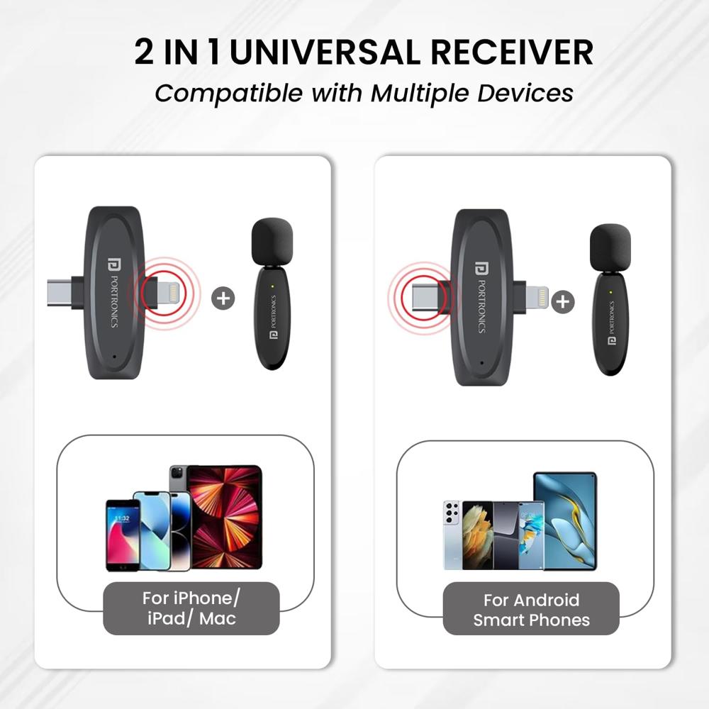 Portronics Vlogmate Dual Mic Omnidirectional Wireless Microphone with Type C & 8 Pin Receiver, Noise Cancellation, Plug & Play, Lapel Wireless Mic for Video Recording, Supports Type C