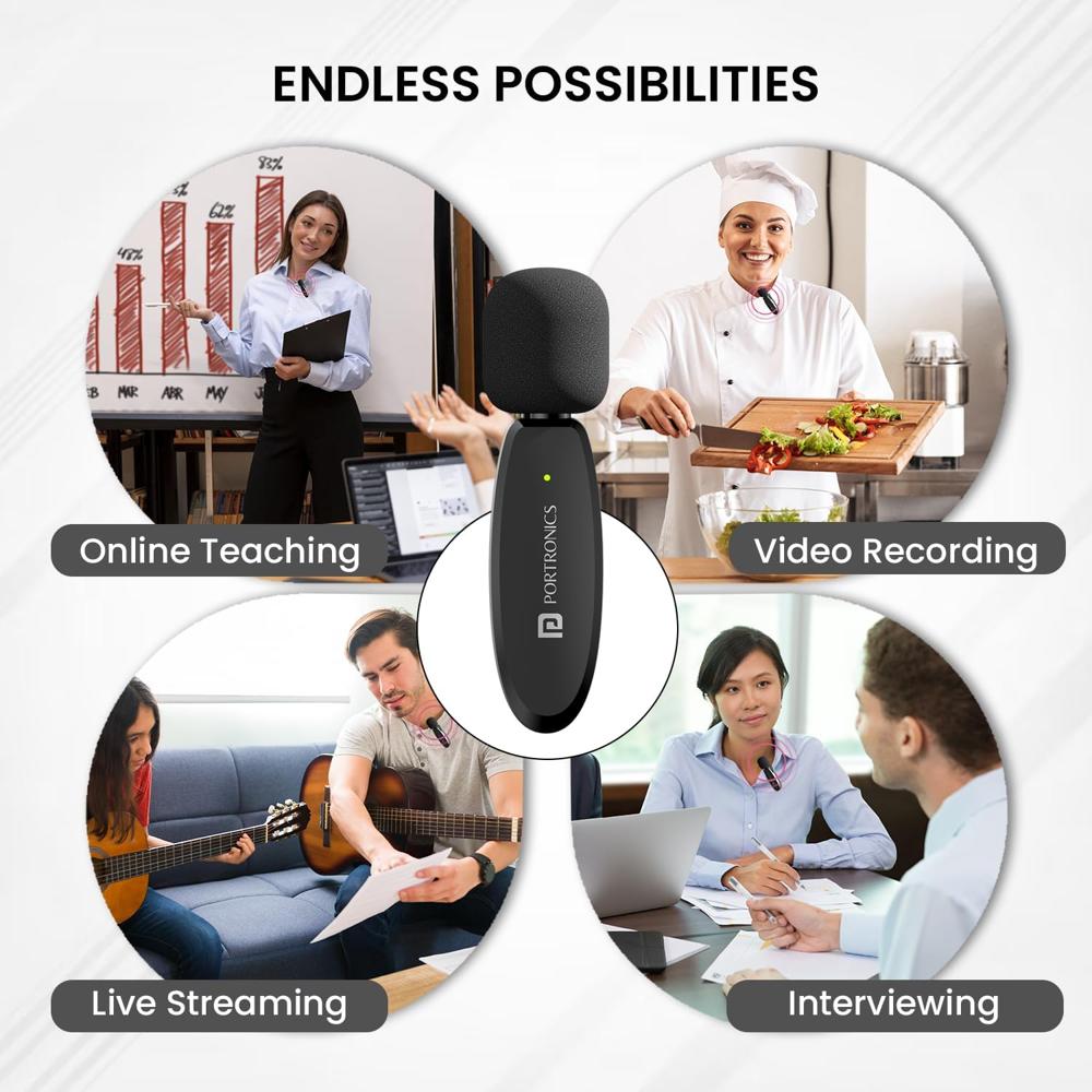 Portronics Vlogmate Dual Mic Omnidirectional Wireless Microphone with Type C & 8 Pin Receiver, Noise Cancellation, Plug & Play, Lapel Wireless Mic for Video Recording, Supports Type C