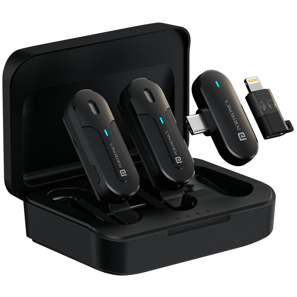 Portronics Vlogmate 2 Dual Wireless Microphone With Type C & 8 Pin Receiver, Noise Cancellation Lapel Mic With - Battery Backup: 5 Hours