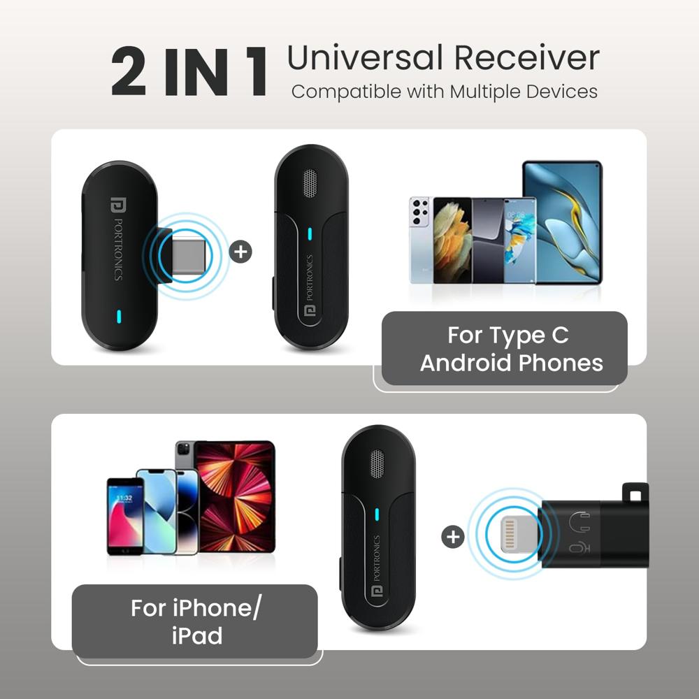 Portronics Vlogmate 2 Dual Wireless Microphone with Type C & 8 Pin Receiver, Noise Cancellation Lapel Mic with