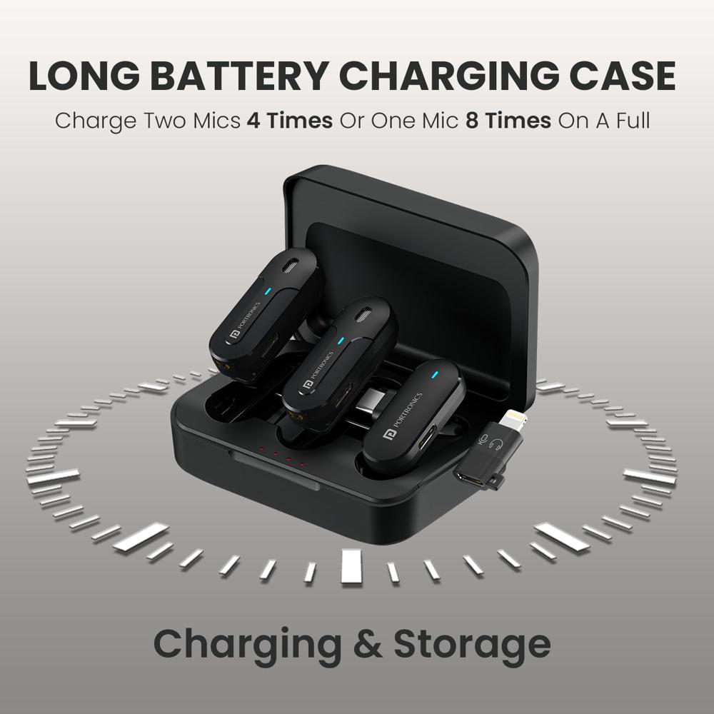 Portronics Vlogmate 2 Dual Wireless Microphone with Type C & 8 Pin Receiver, Noise Cancellation Lapel Mic with