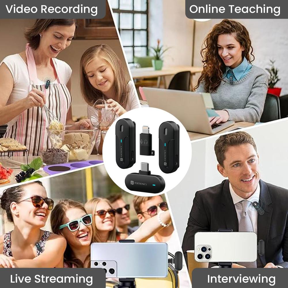 Portronics Vlogmate 2 Dual Wireless Microphone with Type C & 8 Pin Receiver, Noise Cancellation Lapel Mic with