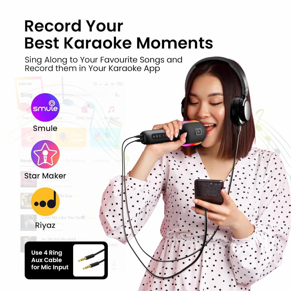 Portronics Dash 2, 2400-2480 MHz Wireless Bluetooth Karaoke Mic with 10W Speaker,Upto 10 Hour Playtime, Dynamic RGB Lights, Music Recording, Duet Singing, Mini Karaoke Machine for Car Travel