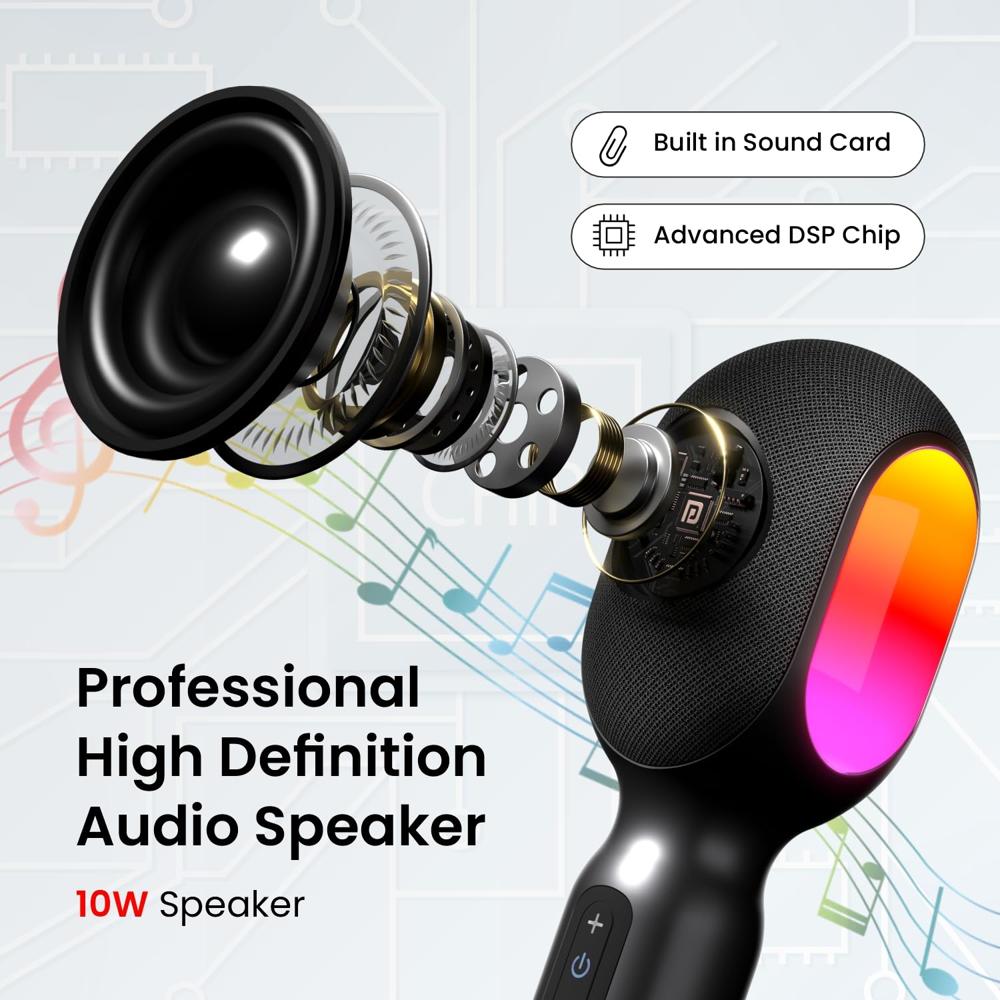 Portronics Dash 2, 2400-2480 MHz Wireless Bluetooth Karaoke Mic with 10W Speaker,Upto 10 Hour Playtime, Dynamic RGB Lights, Music Recording, Duet Singing, Mini Karaoke Machine for Car Travel