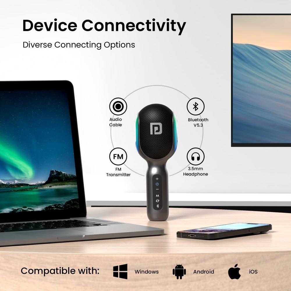 Portronics Dash 2, 2400-2480 MHz Wireless Bluetooth Karaoke Mic with 10W Speaker,Upto 10 Hour Playtime, Dynamic RGB Lights, Music Recording, Duet Singing, Mini Karaoke Machine for Car Travel