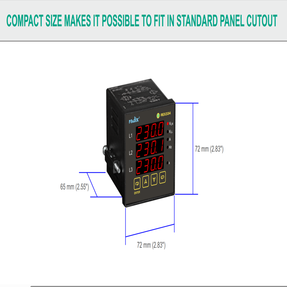 Three Phase Voltmeter 72Wx72Hx85D