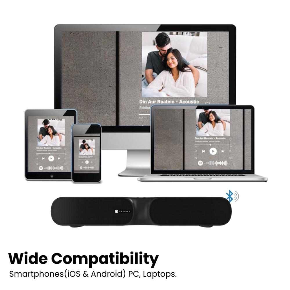 Portronics Decibel 20 16W Wireless Bluetooth Soundbar, 3.5mm Aux Slot, HQ Stereo Sound, Long Playtime(Black)