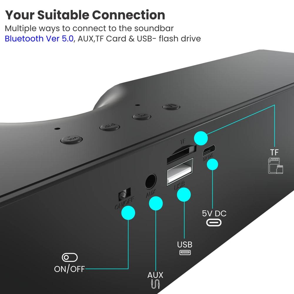 Portronics Decibel 20 16W Wireless Bluetooth Soundbar, 3.5mm Aux Slot, HQ Stereo Sound, Long Playtime(Black)