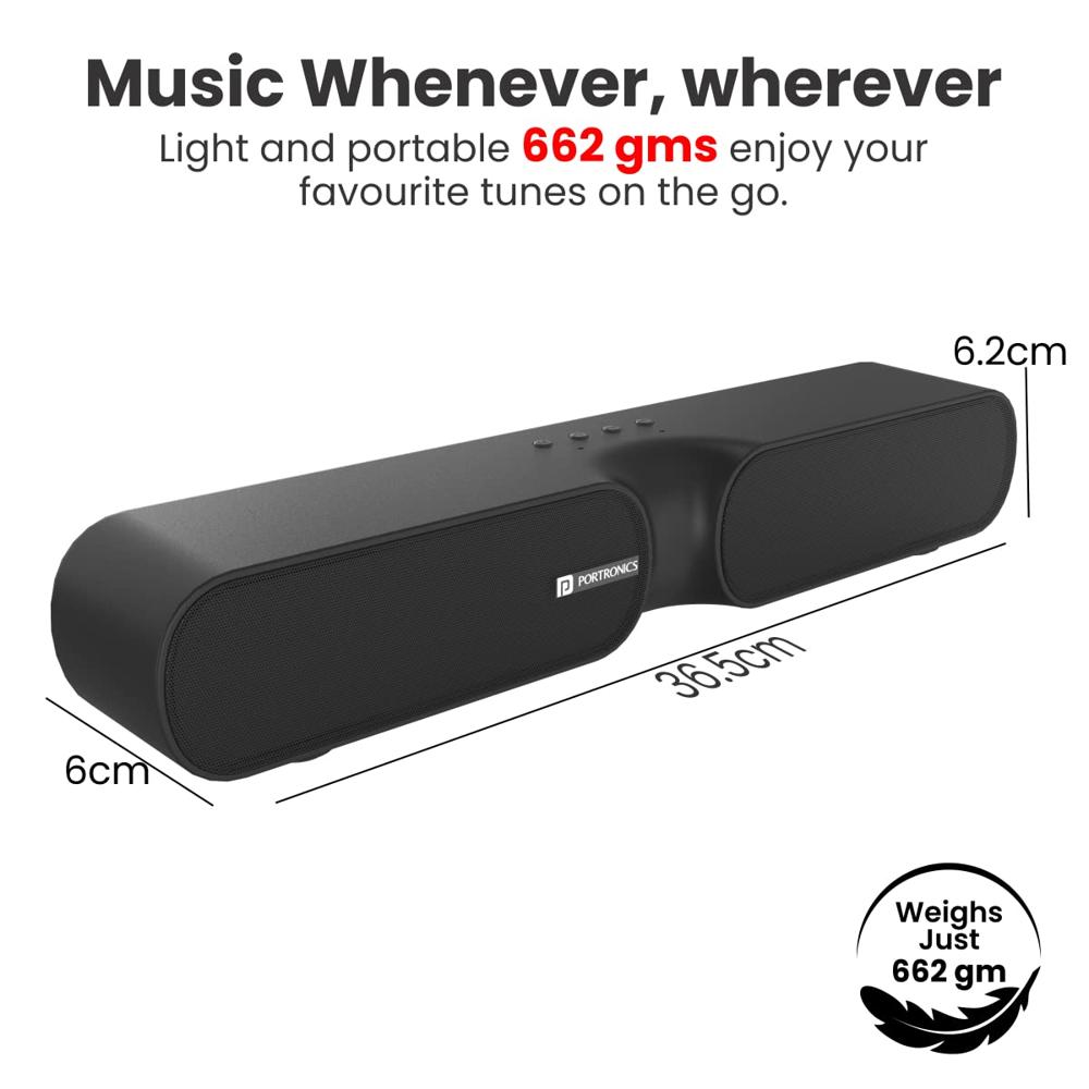 Portronics Decibel 20 16W Wireless Bluetooth Soundbar, 3.5mm Aux Slot, HQ Stereo Sound, Long Playtime(Black)