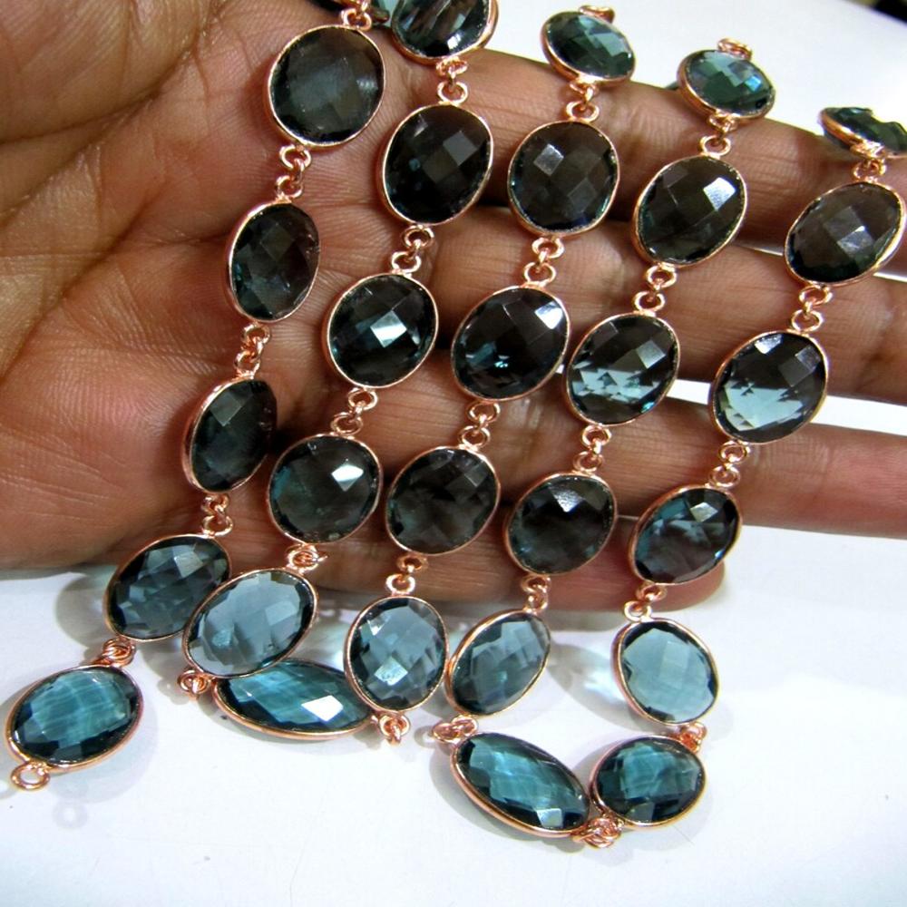 London Blue Topaz Quartz Oval Shape Bezel Connector Chain 10x13mm Size Chain