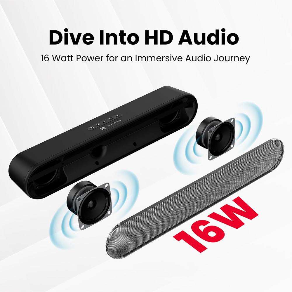 Portronics Decibel 23 16W Wireless Bluetooth Soundbar with LED Lights, Upto 5Hours Playback Sound, Bass Mode, Built in Mic,