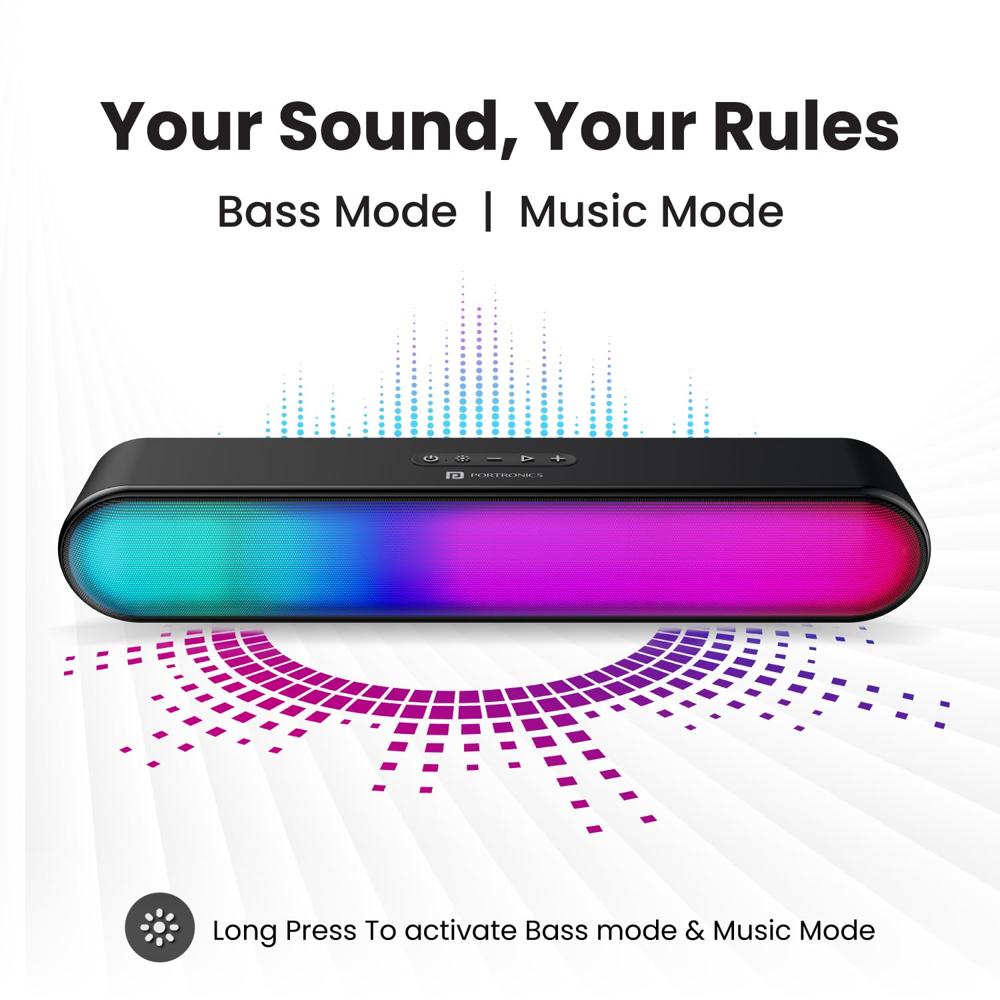 Portronics Decibel 23 16w Wireless Bluetooth Soundbar With Led Lights, Upto 5hours Playback Sound, Bass Mode, Built In Mic, - Battery Backup: 5 Hours