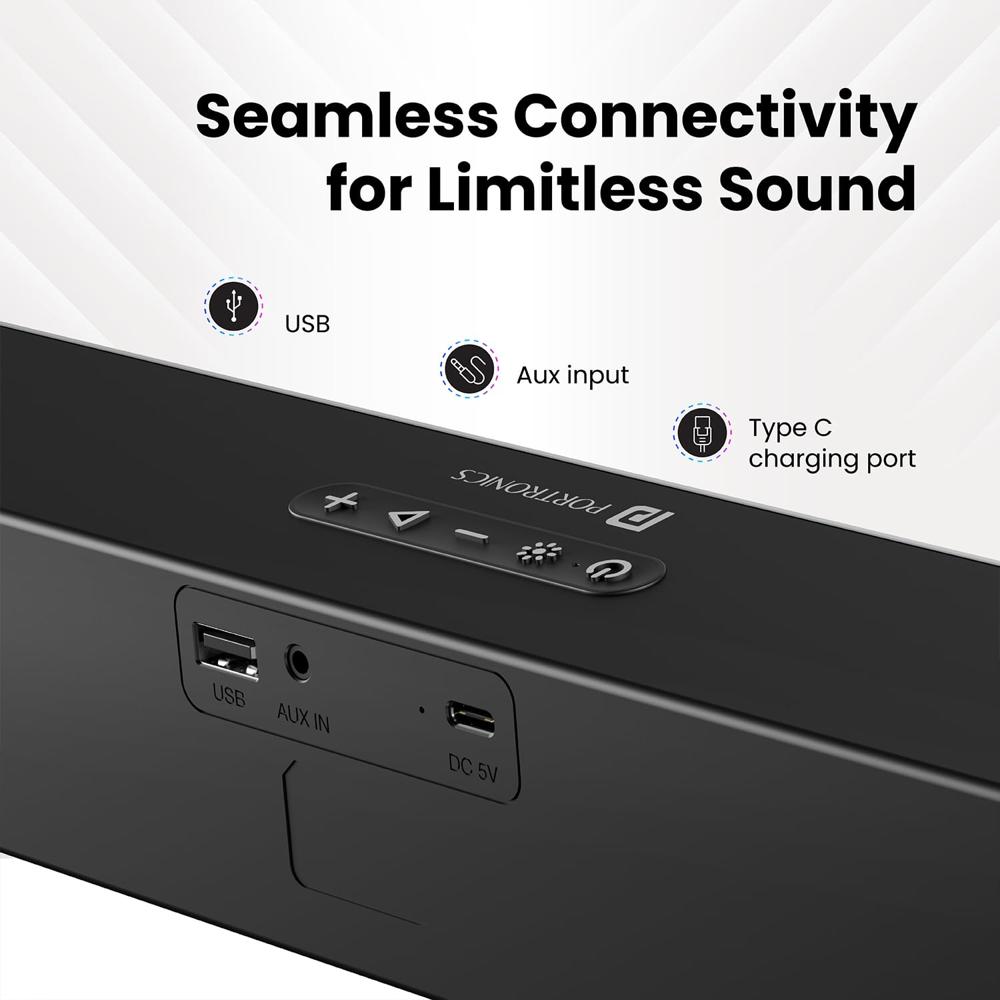 Portronics Decibel 23 16w Wireless Bluetooth Soundbar With Led Lights, Upto 5hours Playback Sound, Bass Mode, Built In Mic, - Battery Backup: 5 Hours