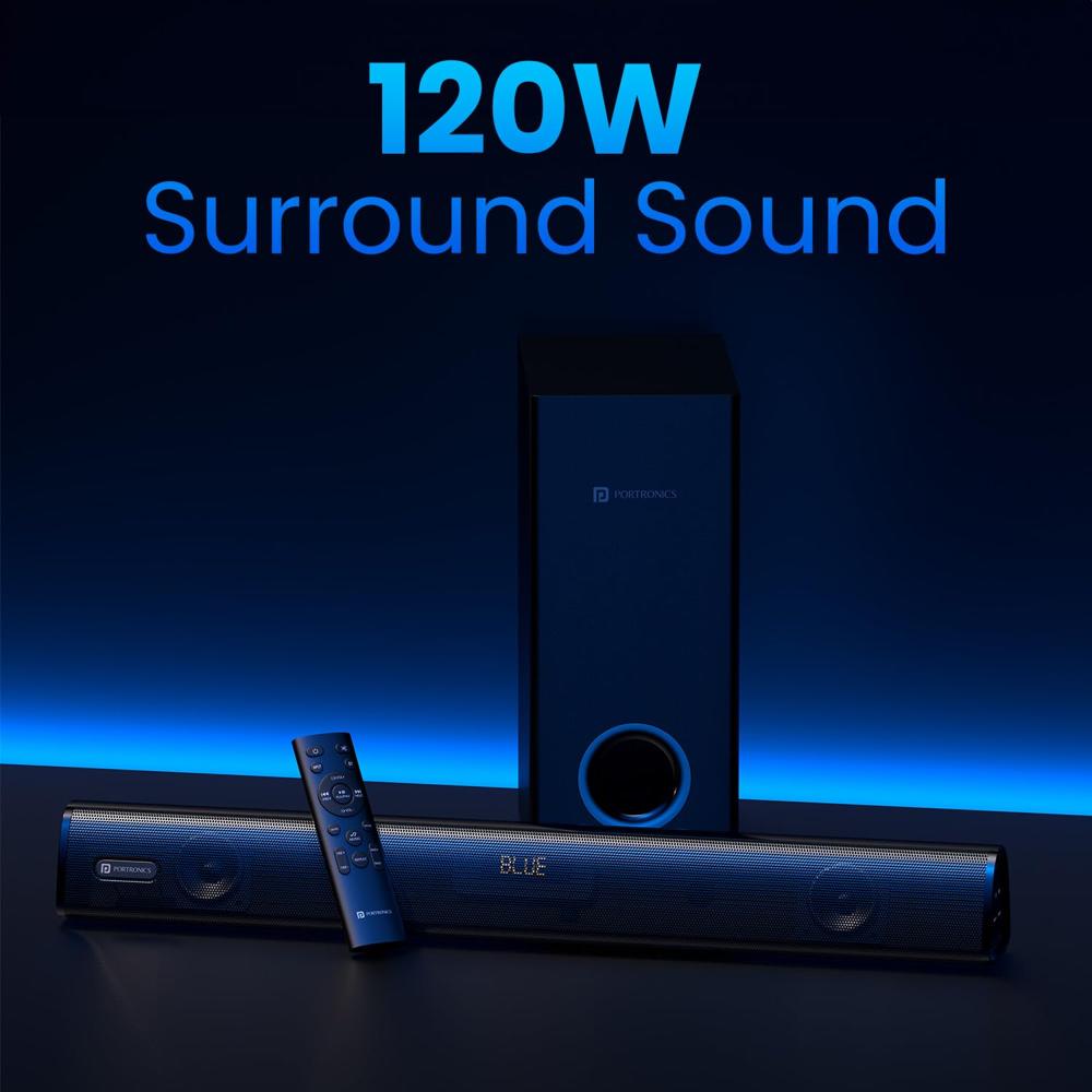 Portronics Pure Sound 106 | 120W Bluetooth Soundbar with Wired Subwoofer for Deep Bass, 2.1 Channel Home Theatre, HD