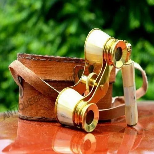 Brass Binocular Vintage Classic Glasses Mother of Pearl Binocular Leather Box